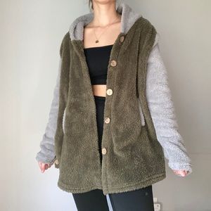 Soft Fuzzy Army Green + Gray Cat Ear Button Jacket